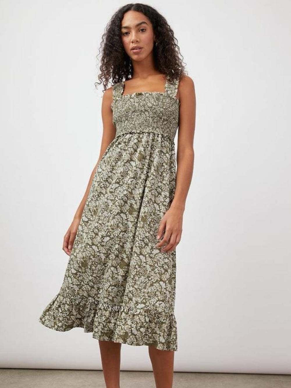 Rails Rumi Olive Vine Floral Smocked Midi Dress Size S